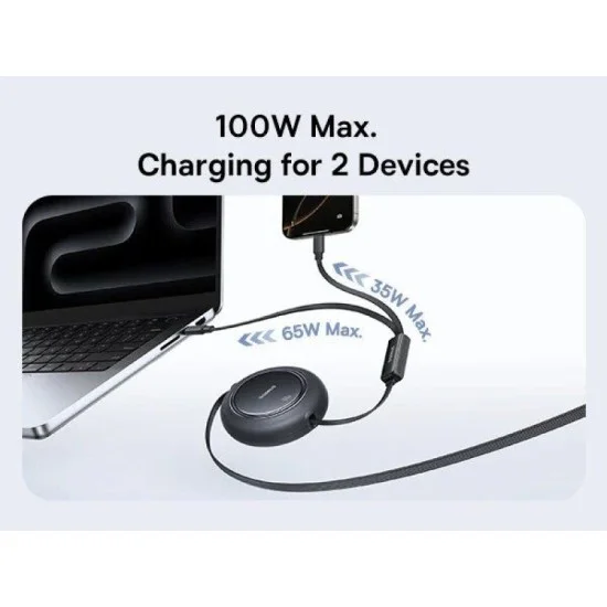 Baseus Free2Pull Mini 2-in-1 Retractable Fast charging Cable USB-C to C+C 100W 1.2m - Cosmic Black